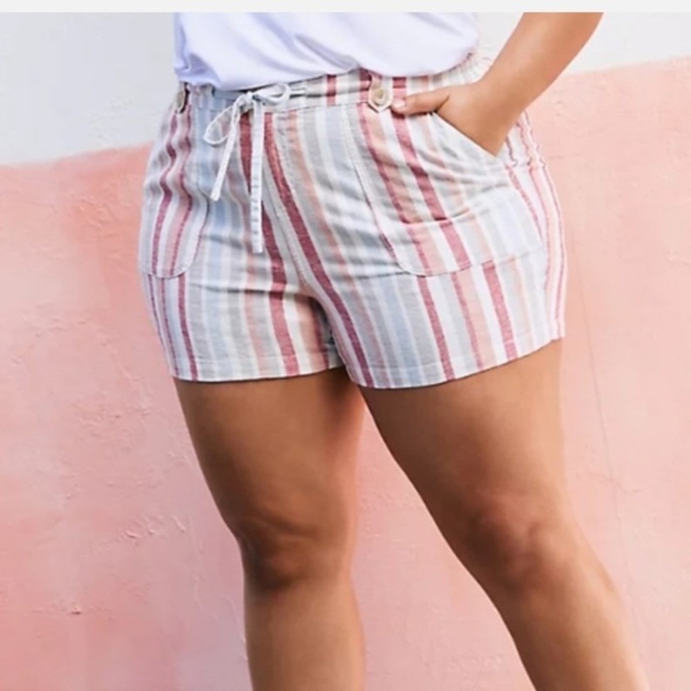 Torrid Womens Plus Size 20 Linen Blend‎ Striped Pull On Shorts Pink Blue NWT $50